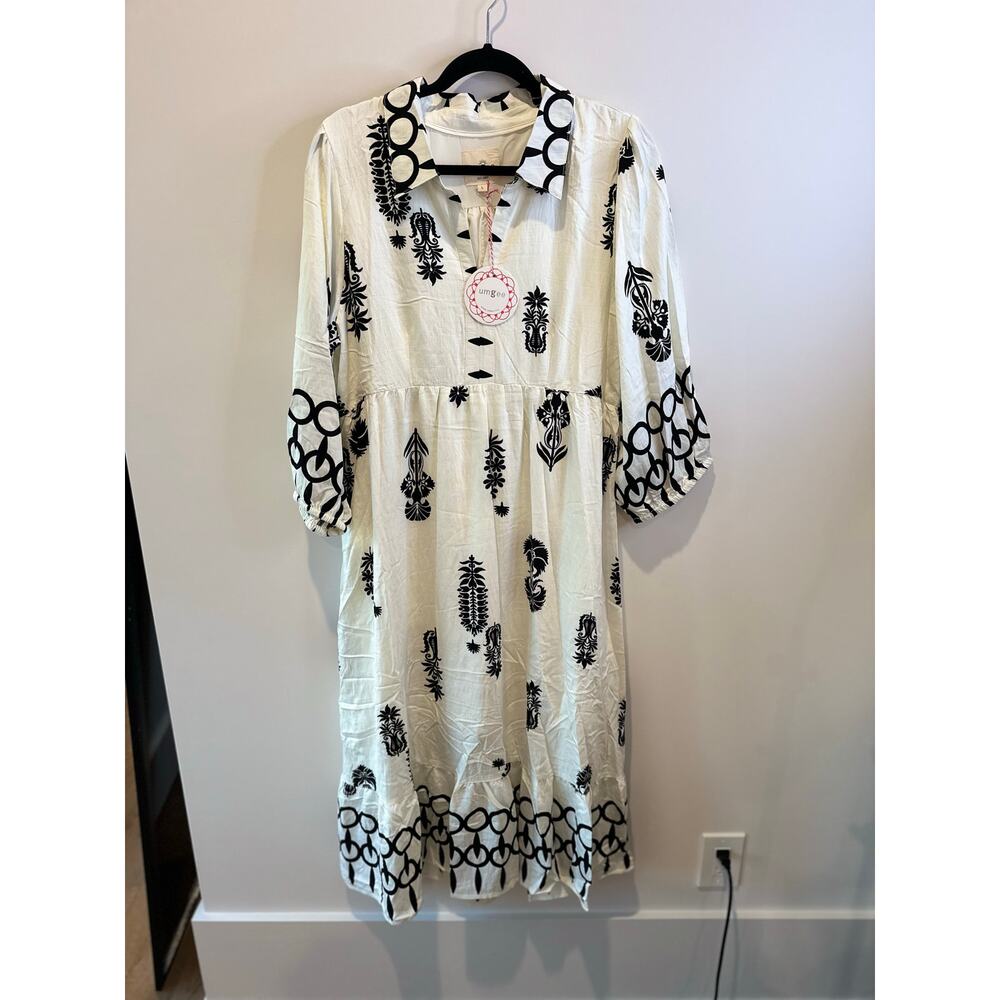 NWT Cora Black and Cream Boho Print Midi Dress with Puff Sleeves Large - Picture 5 of 9